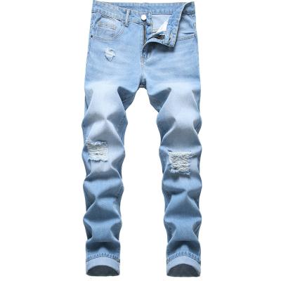 China Newcomers QUICK DRY male slim fit elastic jeans ripped blue washed destroyed men slim skinny jeans for sale