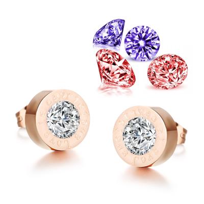 China TRENDY Korean Style Charm Stainless Steel Rose Gold Plated Cubic Zircon Stud Earrings Different Colors For Woman for sale