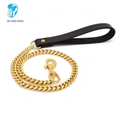 China High Polished Padded Stainless Steel Dog Collar Pull Wear Resistant Gold Cuban Chain Leather Belt for sale