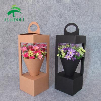 China 2020 Recyclable New Fashion Recycled Wholesale Cute Fancy Lantern Shape Decorative Brown Kraft Paper Flower Box With Windows for sale