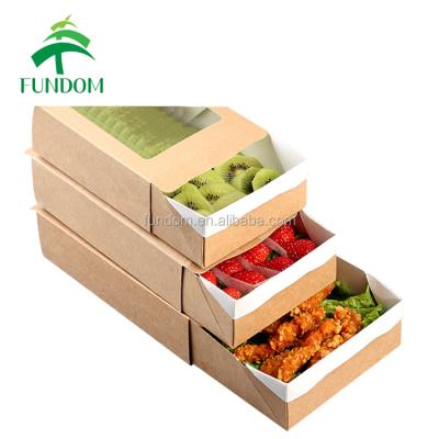 China Recyclable Folding Drawer Catering Bulk Supplier SGS Grade Fast Food Bulk Stock Supplier China Alibaba Brown Kraft Paper Salad Sushi Box With Window for sale