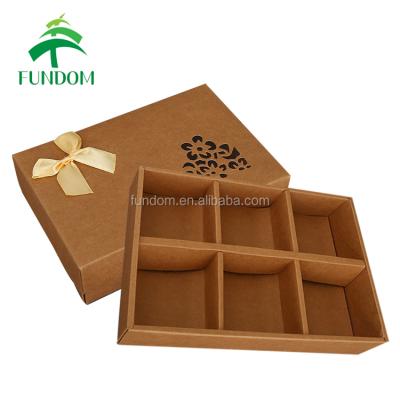 China Custom Size Die Cut Window Ribbon Bowknot Recyclable Wholesale 6 Pieces Wrapping Plain Brown Kraft Paper Favor Chocolate Box With Dividers for sale