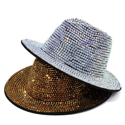 China Plush Brim Fashion Rhinestone Bling Fedora Wide Jazz Hats For Women for sale