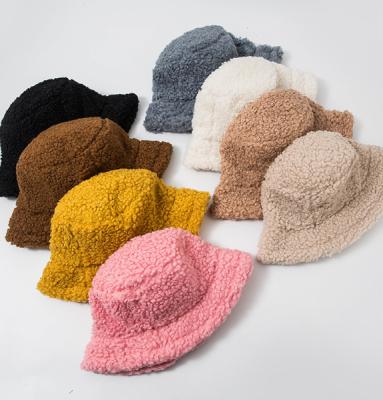 China Picture Fashion Vintage 8 Colors Lambswool Hairy Pure Color Fur Empty Bucket Hat/Winter Hat For Women Autumn Winter for sale