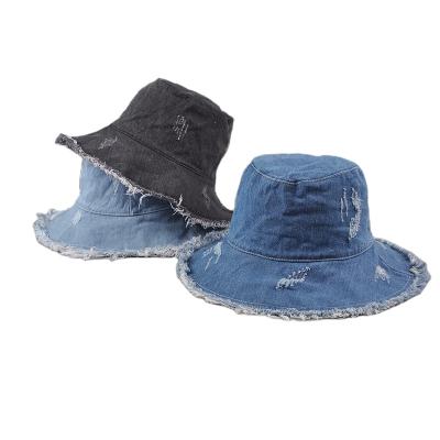 China Image Fashion Distressed Wide Brim Worn Fringed Jean Denim Fisherman Bucket Hats For Woman for sale