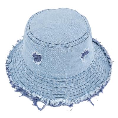 China Image Two Color Fringed Brim Cleared Cool Worn Design Denim Bucket Hat For Men Women Summer Sun Unisex Shade for sale