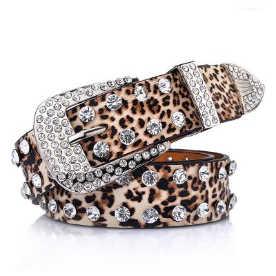 China Fashion.Casual Women Girls Leopard Belt Alloy PU Leather Waist Belts Rhinestone Leopard Buckle Belt for sale