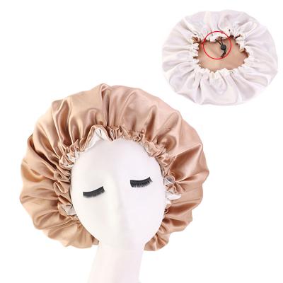 China Wholesale Character Women's Silk Satin Hair Hood with Drawstring 2 Layers Elastic Nightcap with Adjustable Rope Hoods for sale