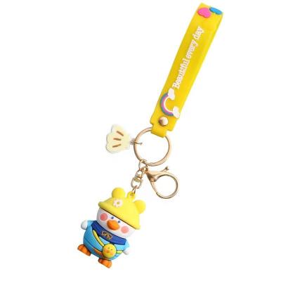 China Lovely Decoration Cartoon Hat 3D Duck Doll Keychains With Wrist Strap Bag Car Key Pendant Anti-lost Key Chain For Promotional Gift for sale