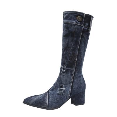 China Breathable 2021 New Arrivals Fashion High Quality Shoes 6cm Denim Walking Style Directed Toe Square Boots For Women for sale