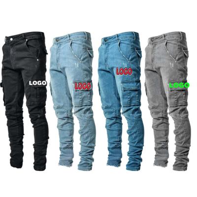 China Waterproof Jeans Men Pants Denim Casual Pants Cotton Multi Pocket Cargo Jeans Men Add Logo Fashion Denim New Customized Pants Side Blister for sale