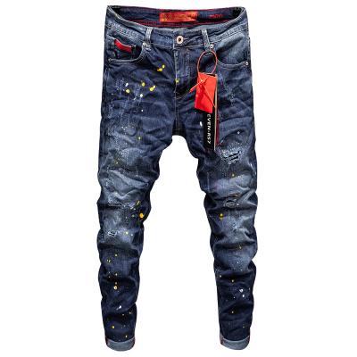 China New Breathable Hot Sale Mens Biker Spray Paint Stretch Ripped Skinny Jeans Destroyed Hole Slim Fit Denim Taped Striped Jeans High Quality for sale