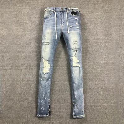 China Men Breathable Jeans Stretch Destroyed Snow Paint Stitch Button Fly Ripped Jeans Fashion Ankle Zipper Skinny Biker Jeans For Mens Pants for sale