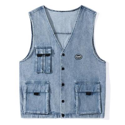 China Anti-wrinkle Cotton Boys Multi-pocket Loose Waistcoat OEM Fashion Custom Washed Men's Vest Waistcoat for sale