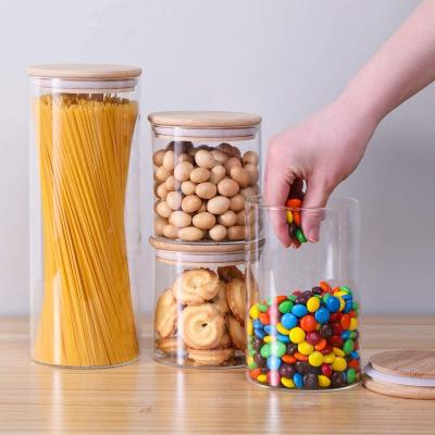 China Sustainable Glass Storage Jars with Sealed Bamboo Lids, Clear Glass Bulk Food Storage Canister for Serving Tea, Coffee, Spice, Candy, Cookie for sale