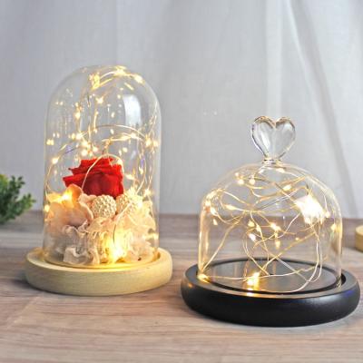 China Wedding decoration & Wholesale Custom Hot Selling Glowing Glass Domes Gift LED Hand Blown Flower Roses Glass Cloche Domes With Wooden Base for sale