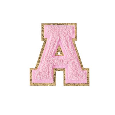 China Sustainable Source factory custom wholesale bulk hat clothing sew on sequin letter hot pink iron on chenille patches for sale