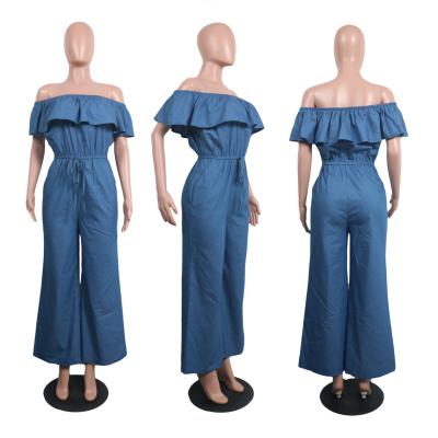 China 2021 QUICK DRY Womens Denim Overalls Blue One Piece Sleeve Off Shoulder Ruffle Custom Loose Plus Size Clothing for sale