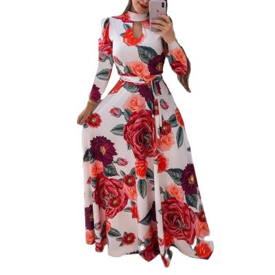 China Breathable Women's Maxi Dress Short Sleeve Casual Floral Print Dangle Long Maxi Dress With Belt S-5XL for sale