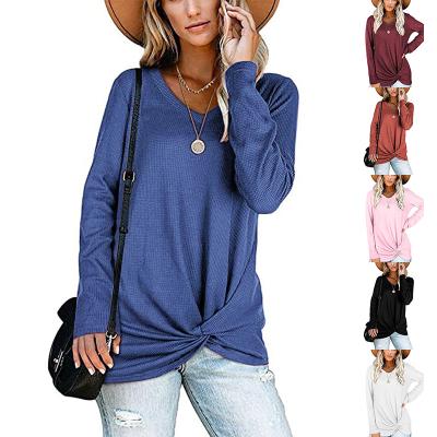 China 2021 breathable autumn and winter European new warm Amazon and American style waffle V-neck women's twisted long-sleeved T-shirt top sweater for sale