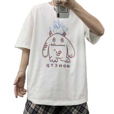 China Breathable Male Handsome Monster O-Neck Cartoon Print Casual Loose White T-shirt for sale