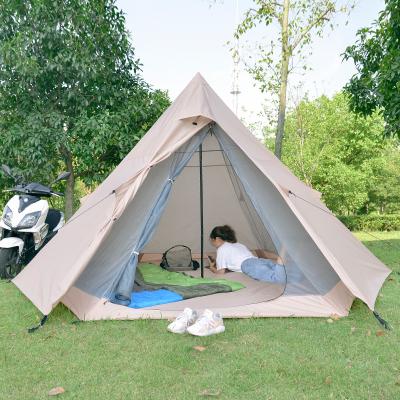 China Trigon/V-Type Ground Luxury Nail Light Storm Proof Indiana Yurt Canopy Layer Field Hexagon Camping Tent for sale