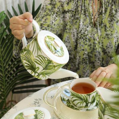 China Sustainable Bone China Palm Teapot Set Tea Cups With Saucers Coffee&Tea Set Tropical Jungle Green Palm Leaves for sale