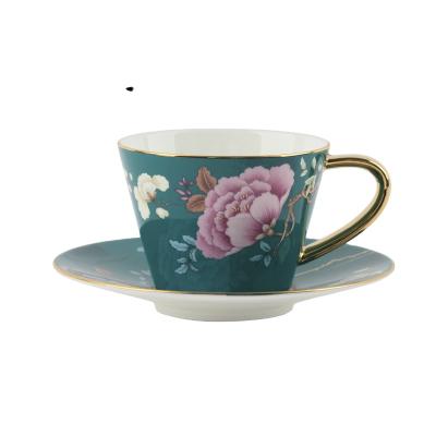 China 2021 New Design Vintage Peony Sustainable Wholesale Luxury Chinese Bone China Green Ceramic Tea Cup and Saucers for sale