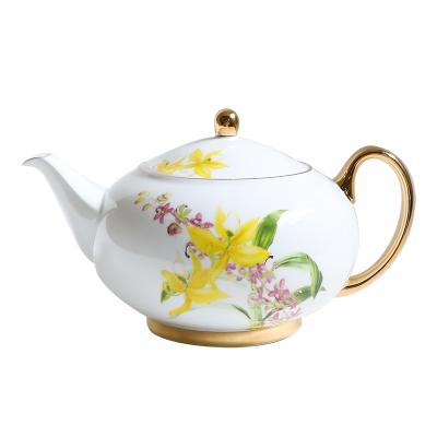 China Contemporary hot sale guaranteed high quality unique bone china luxury modern floral ceramic teapot with gold handle for sale