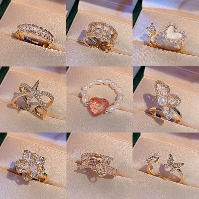 China Korean retro simple open ring Zircon simple open ring Korean simple open ring hyperbole hyperbole female fashion pearl ring net fresh wind female red tail ring for sale