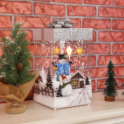 China Holiday Home Decoration Silver Square Lit Music Box Gift, Lighting and Snowfall Scene with LED Light for sale