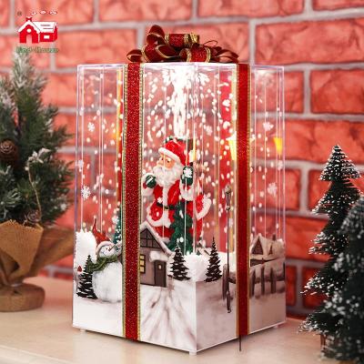 China Wholesale Clear Plastic Christmas Gifts Box Light Snow Creative Plastic Musical Led Christmas Decoration Gift Box Blowing Snow for sale