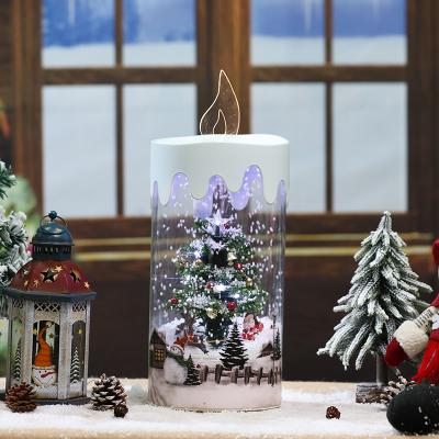 China Snowfall Lighting Musical Weihnachtsdeko Christmas Decoration Resin Rotating Led Candle Lights Musical Transparent Plastic Table Lantern for sale