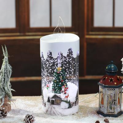 China Snowfall Lighting 2021 Musical Decor Christmas Gift Home Candle Gift Led Light Up Snow Candle With Christmas Tree for sale