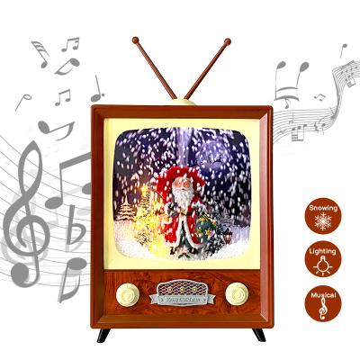 China Snowfall Lighting Musical Christmas Home Decor Supplies LED Snow Scene TV Set Shape Retro Windmill and Santa Interior for sale