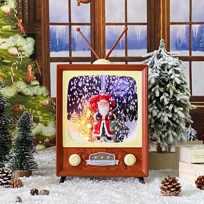 China Retro music lighting TV vintage snowfall music box playing Christmas songs, snow globe decorations gift for Christmas 2021 for sale