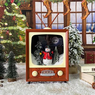 China Retro Vintage Snowfall Music Box TV Playing Christmas Songs, Snow Globe Decorations Gift Present for sale