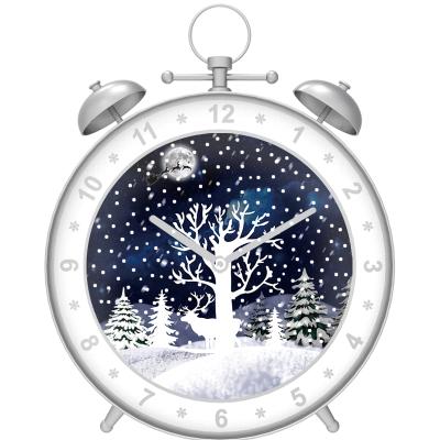 China 2021 New Product MDF+Plastic Santa White And Silver Tree Snow Alarm Clock Christmas Decoration With Led Light for sale