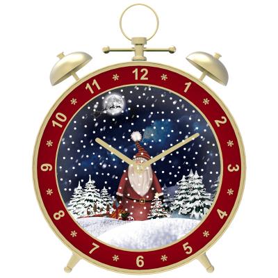 China Christmas Day Decoratiom Relojes De Peeled Musical Christmas Alarm Clock Fancy Red Design With Snow for sale