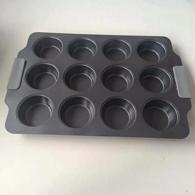 China Sustainable Custom Cake Mold Non- Color Stick 12 Cup Muffin Pan With Silicon Handle Cake Pan 12 Cup Baking Pan With Silicone Handle for sale