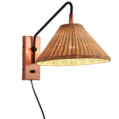 China Modern Rattan lampshade farmhouse modern style bracket light bedroom hotel home coffee bar decor wall lamp for sale