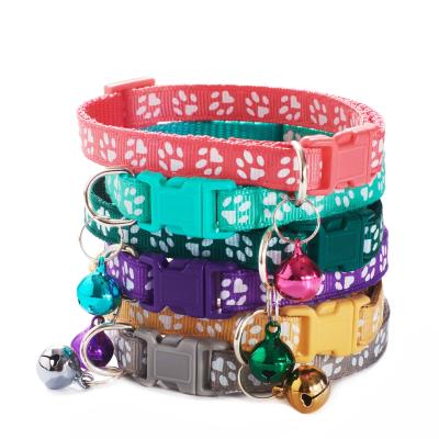 China PURAY Manufacturer Wholesale Multi-colors Paw Print Adjustable Nylon Cat DETACHED Dog Collar with Bell for sale