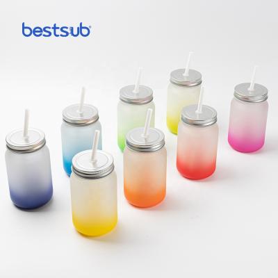 China BestSub Viable Wholesale Custom Sublimation Blanks Mug Glass Tumbler 15oz 450ml Frosted Gradient Color Mason Jar No Handle for sale