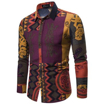 China Fashion Anti-pilling Casual Wear National Printing Long Sleeve Plus Size Men's Shirts for sale