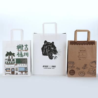 China Recycled Materials Customized Flat Paper Bag Brown Shopping Tote Handle Kraft Paper Bag For Clothing Shoes Grocery for sale