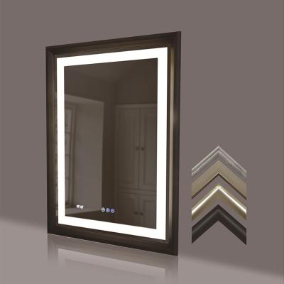 China Bathroom Decoration Luminous Wood Framed Touch Sensor LED Lighted Mirror for sale