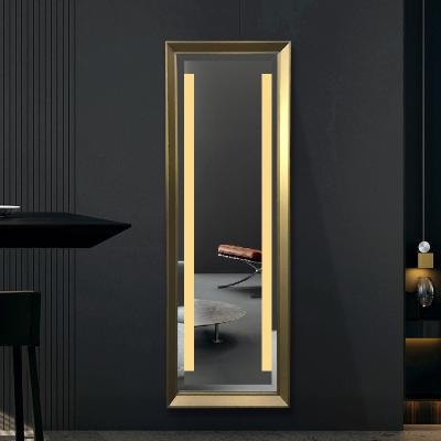 China New Modern Elegant Gold Stainless Steel Framed Hotel Smart Bedroom LED Lighted Integral Mirror for sale