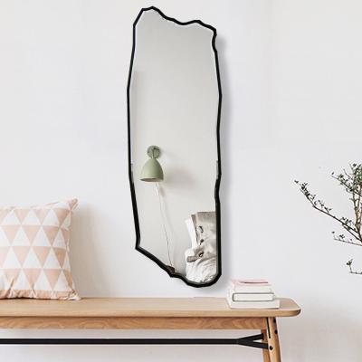 China Beveled Mirror / Gold Customized Hotel Bedroom Floor Mirror Black Over Waist Standing Irregular Metal Framed Integral Mirror for sale