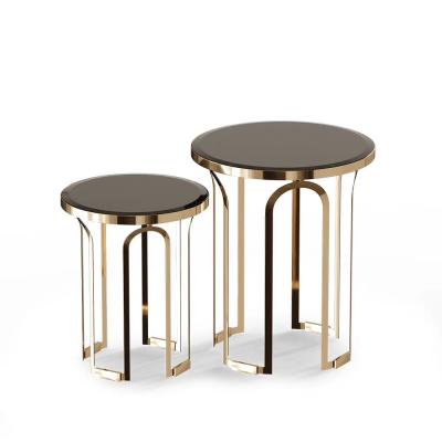 China (Other) Style Home Living Room Furniture Adjustable Bronze Round Glass Dining Stainless Steel Coffee Table Sets for sale