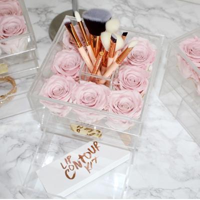 China Eco - Friendly Makeup Brushes Display Clear Flower Acrylic Plastic Custom Box With Drawer for sale